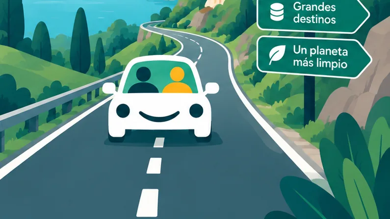 Un auto compartido en una ruta de costa, con carteles que dicen grandes destinos y un planeta más limpio